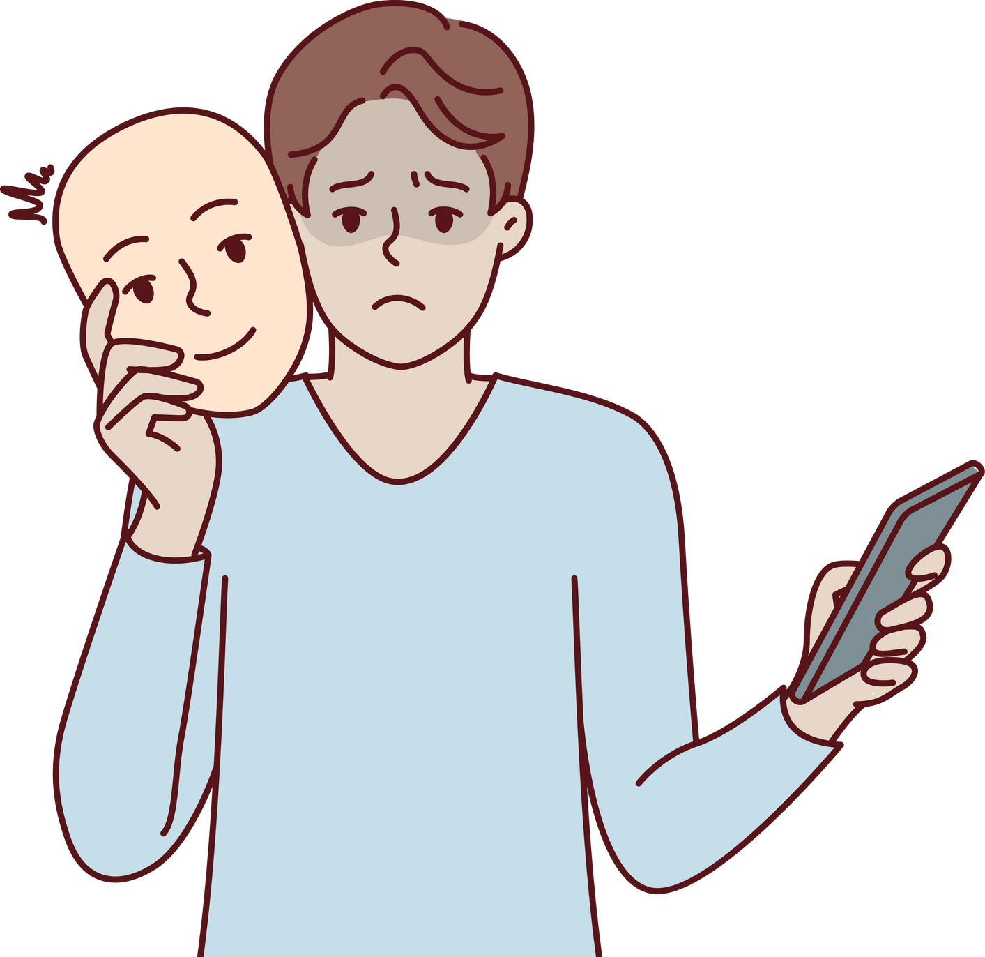 Unhappy Man with Phone Uses Mask to Pretend to Be Positive Human during Online Dating. Vector Image