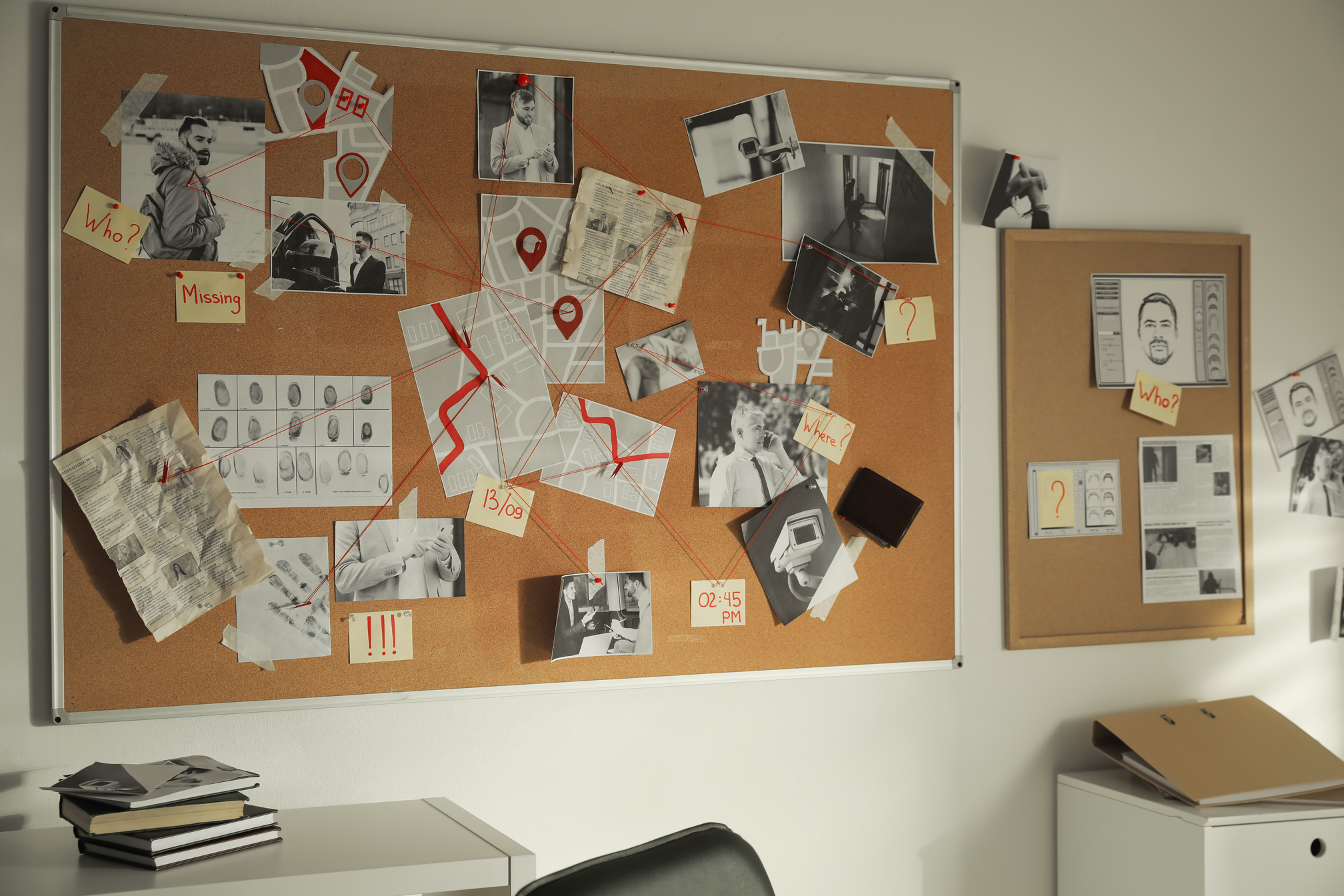Detective Office Interior with Evidence Cork Board